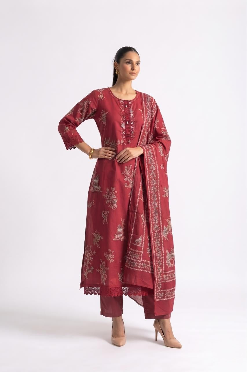 Printed  Cotton Dupatta Set With Lace Work  CS0406