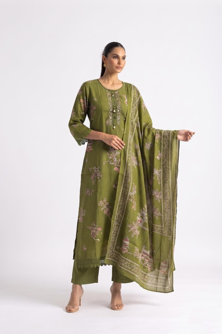 Printed  Cotton Dupatta Set With Lace Work  CS0406