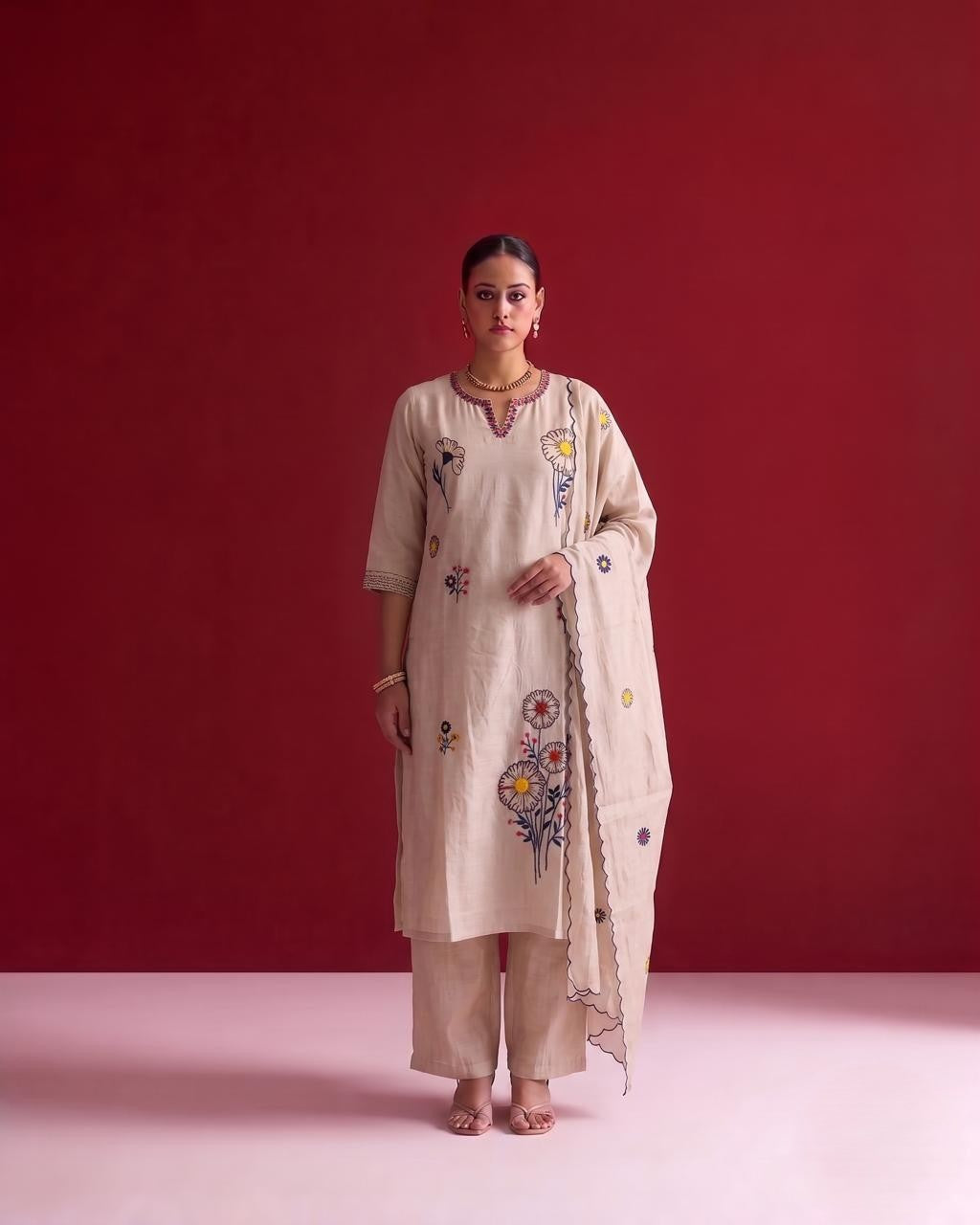 Mul Chanderi Dupatta Set With Embroidery MLC43