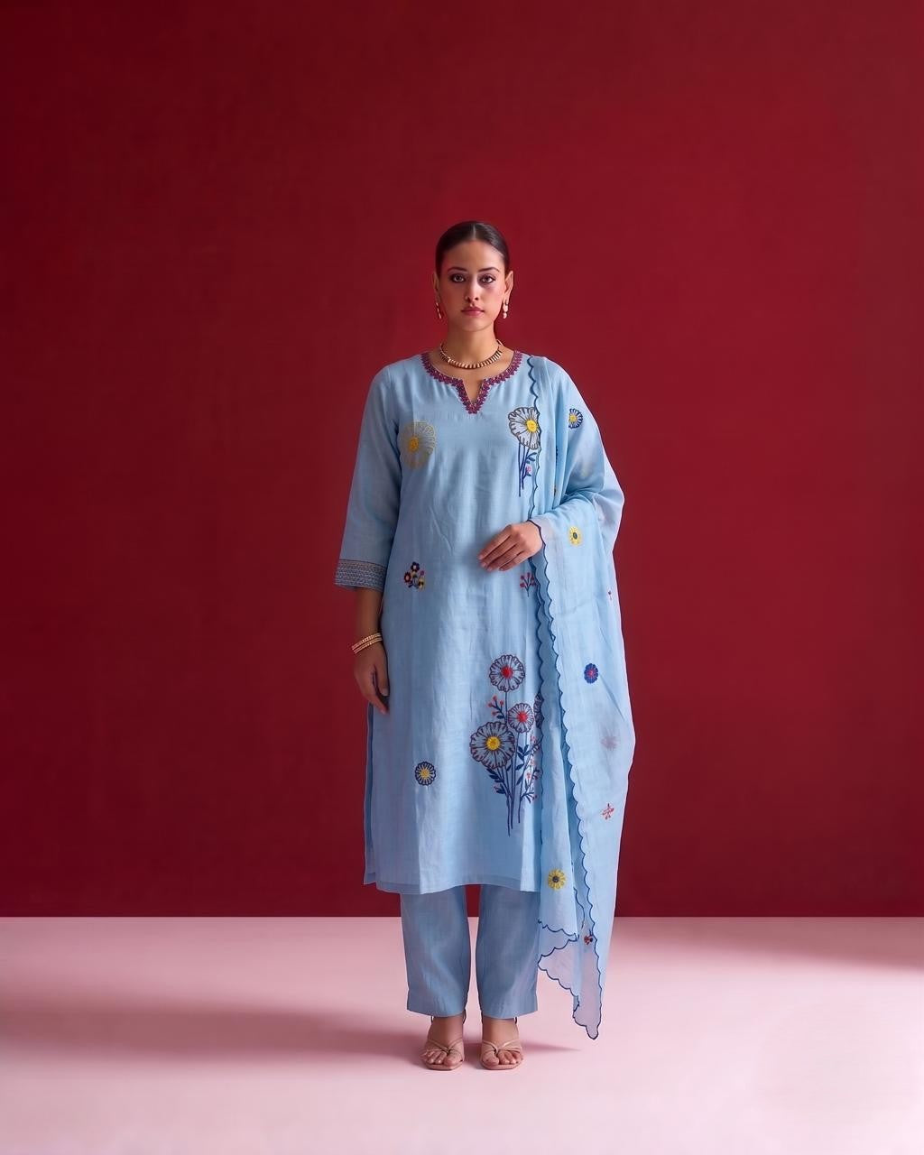 Mul Chanderi Dupatta Set With Embroidery MLC43