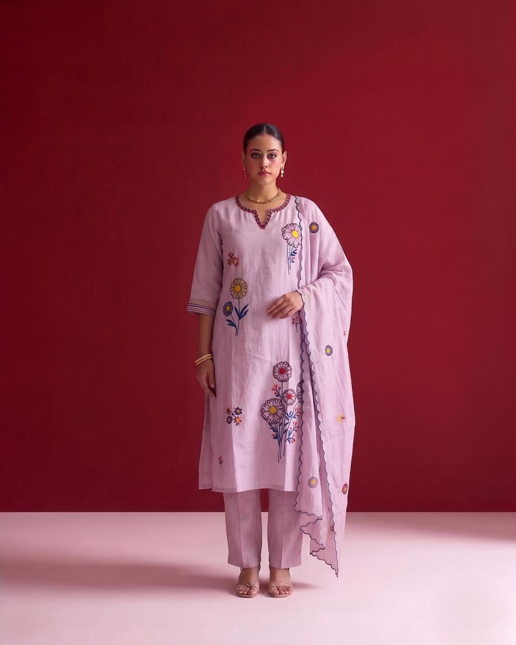 Mul Chanderi Dupatta Set With Embroidery MLC43
