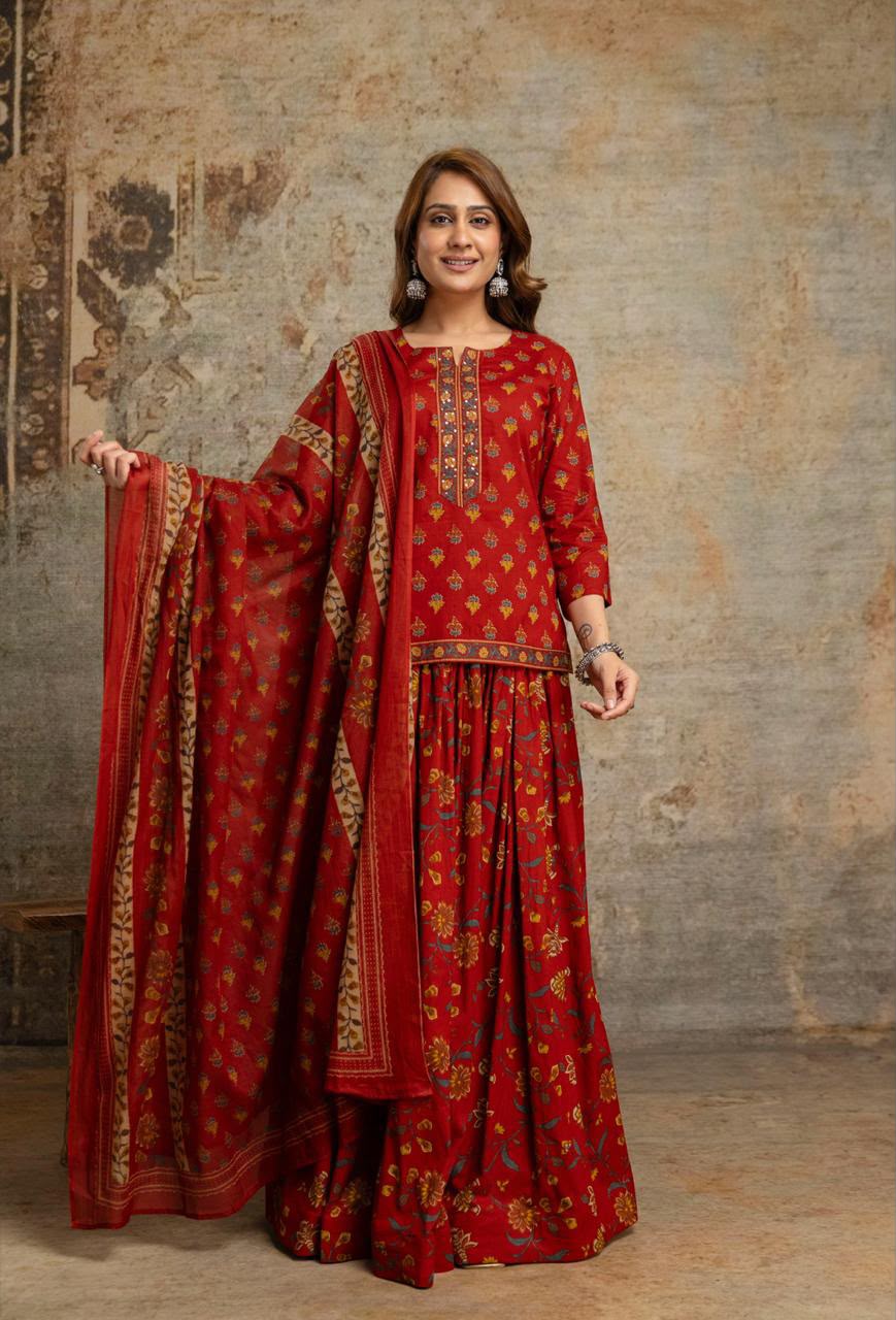 Short Length Dupatta Set With Skirt In Cotton Fabric CS0342