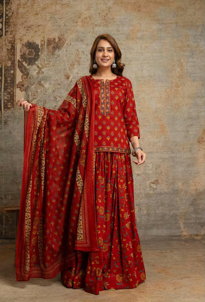 Short Length Dupatta Set With Skirt In Cotton Fabric CS0342