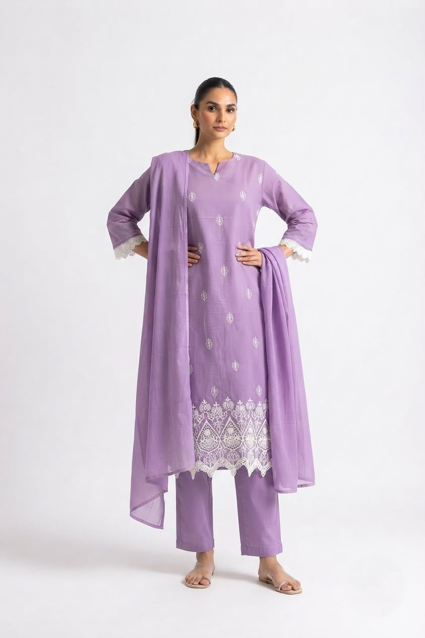 Pure Cotton Dupatta Set With Lace  CS0356