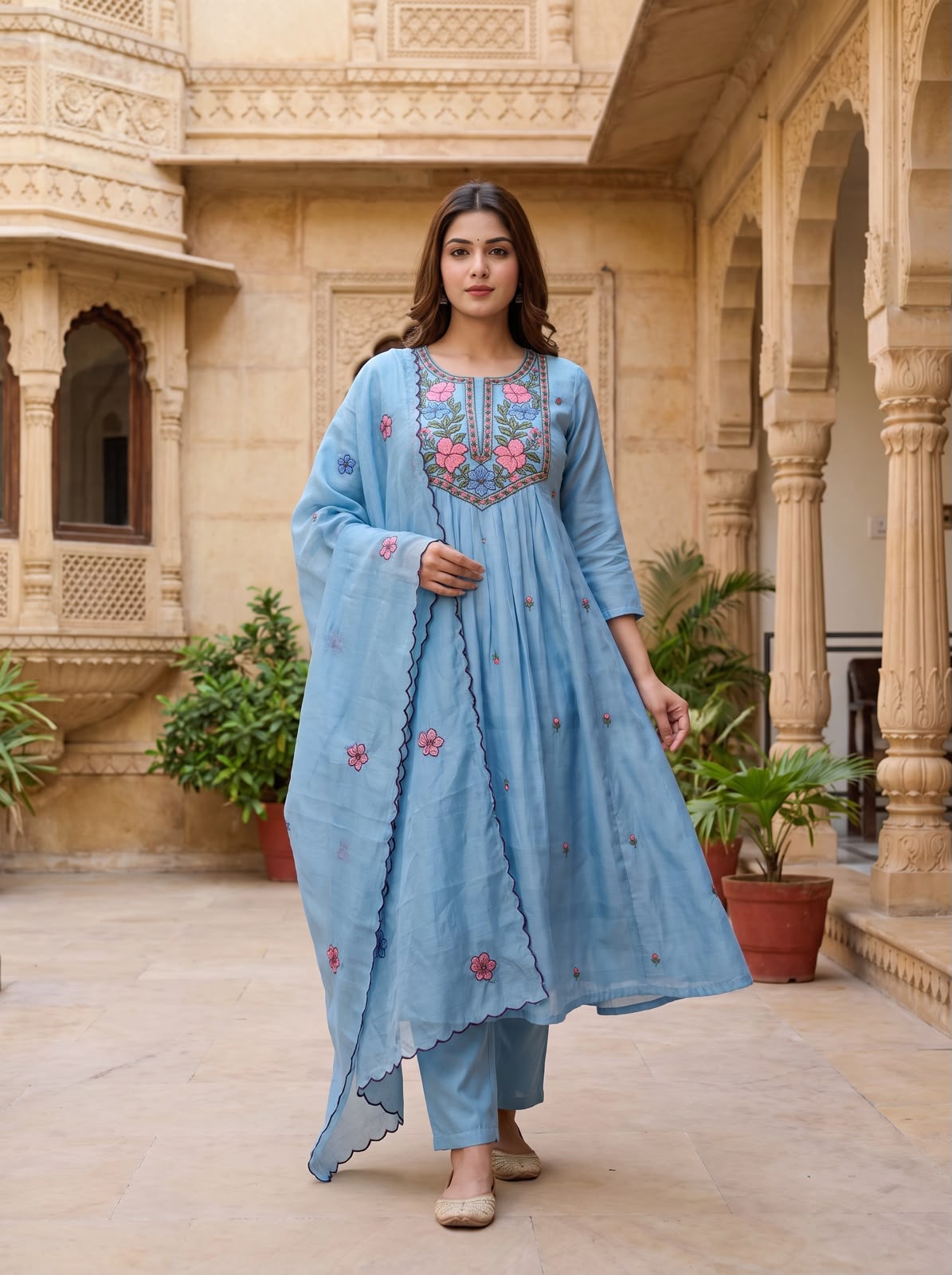 Mul chanderi dupatta set with all over embroidery