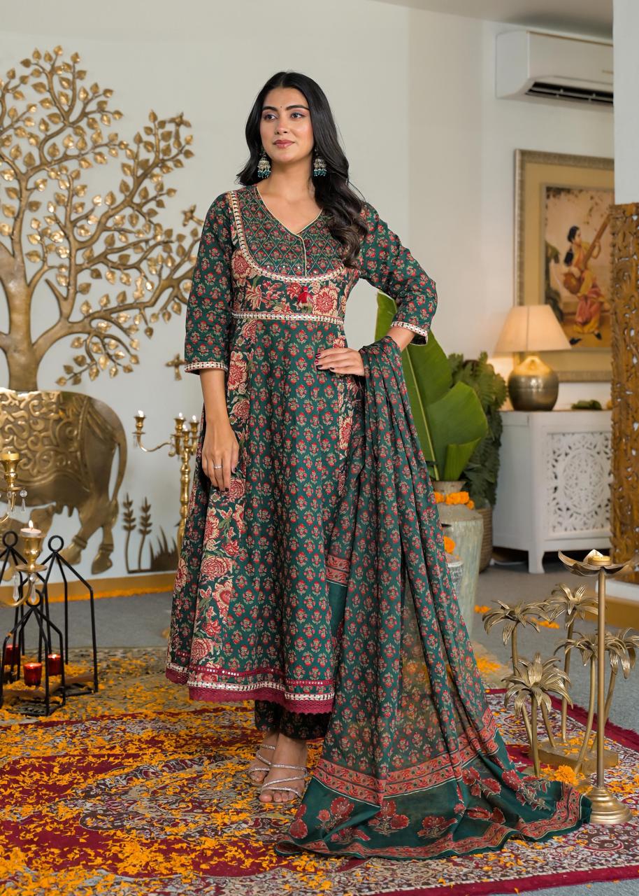 Pure Cotton Three Piece Anarkali Dupatta Set