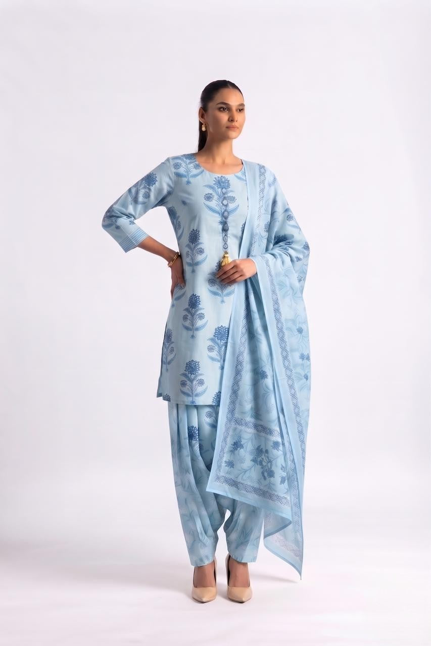 Printed Short Length Cotton Dupatta Set With Farsi Bottom COS415