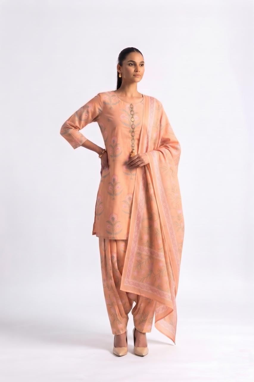 Printed Short Length Cotton Dupatta Set With Farsi Bottom COS415