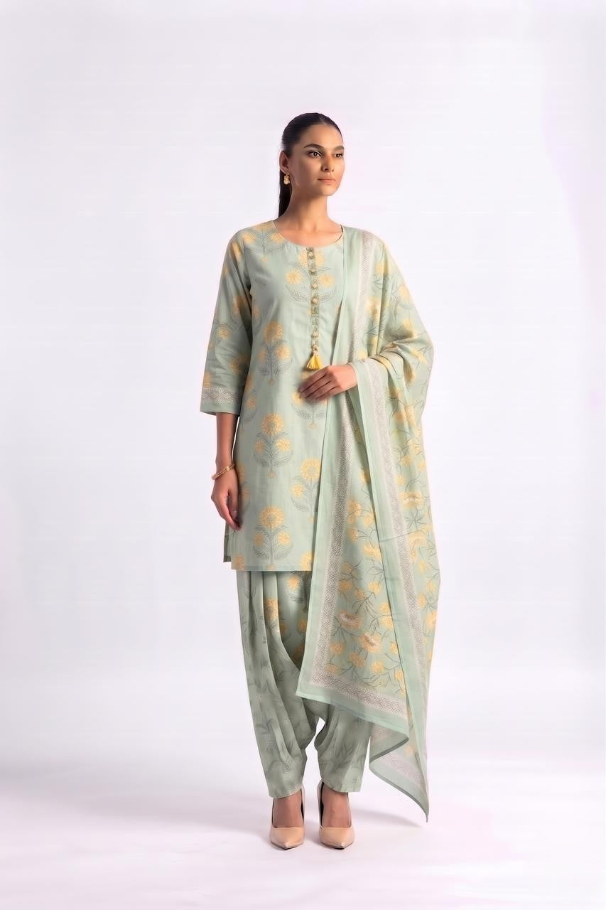 Printed Short Length Cotton Dupatta Set With Farsi Bottom COS415