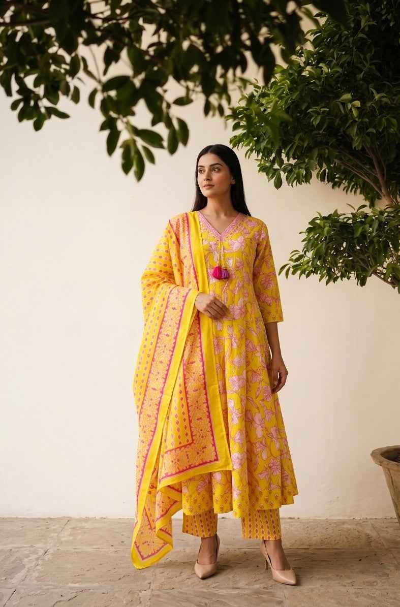 Premium Cotton A Line  Anarkali Dupatta Set