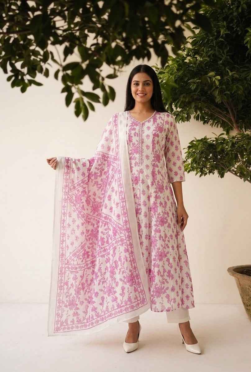 Premium Cotton A Line Anarkali Dupatta Set