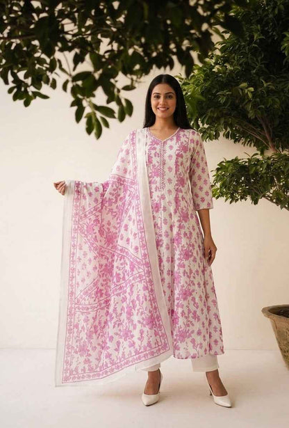 Premium Cotton A Line Anarkali Dupatta Set