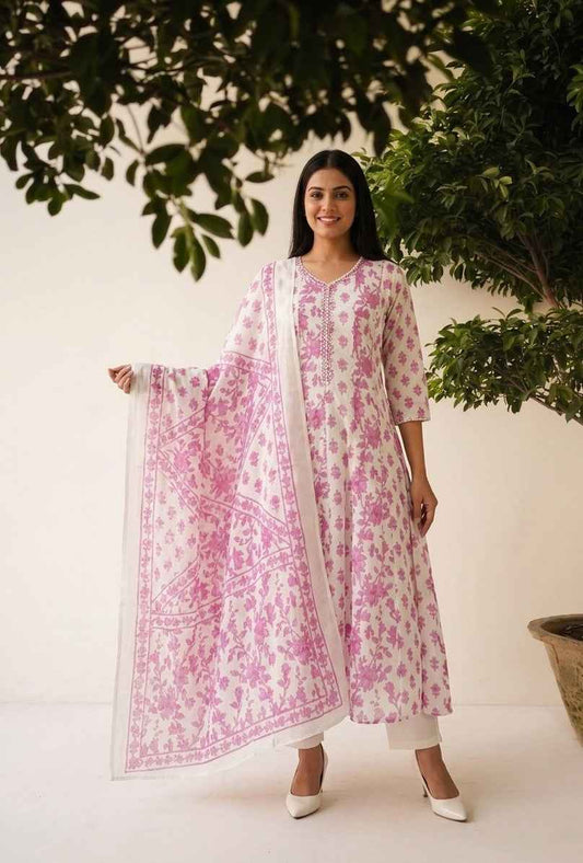 Premium Cotton A Line Anarkali Dupatta Set
