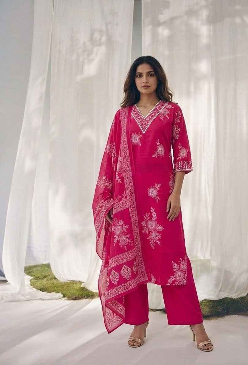 Pure Cotton Three Piece Dupatta Set
